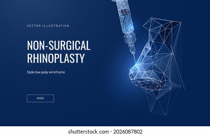 Nose filler injection concept of non-surgical rhinoplasty. Vector illustration of a nose with a syringe in a futuristic polygonal style. Infographics of changing the shape of the nose