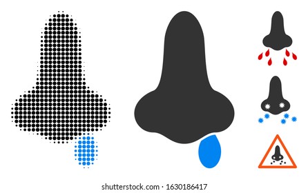 Nose flu halftone vector icon and solid version. Illustration style is dotted iconic Nose flu icon symbol on a white background. Halftone pattern is circle spots. Some bonus pictograms.