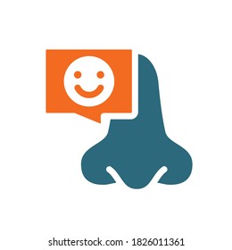 Nose with happy face in chat bubble colored icon. Healthy olfactory organ symbol