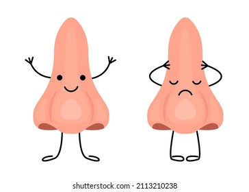 Nose happy healthy and sad sick characters, care of health breath. Check smell organ for kids. Check health of nose. Runny nose, difficulty breathing concept. Vector illustration