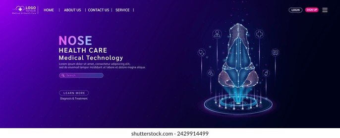 Nose health care. Diagnose disease with technology artificial intelligence. Medical website template layout design. Banner for medical ads online social media. Science medicine business. Vector.