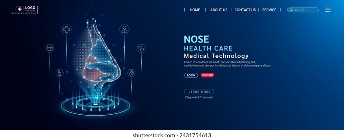 Nose health care. Diagnose disease with technology artificial intelligence. Medical website template layout design. Banner for medical ads online social media. Science medicine business. Vector.