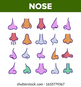 Nose Human Face Organ Collection Icons Set Vector Thin Line. Nose Anatomy Body Part In Different Form, Allergic Sick Nasal Concept Linear Pictograms. Color Contour Illustrations