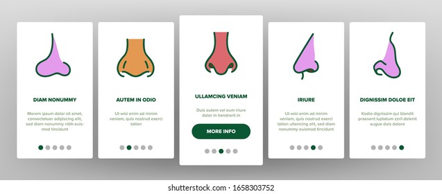 Nose Human Face Organ Onboarding Icons Set Vector. Nose Anatomy Body Part In Different Form, Allergic Sick Nasal Illustrations