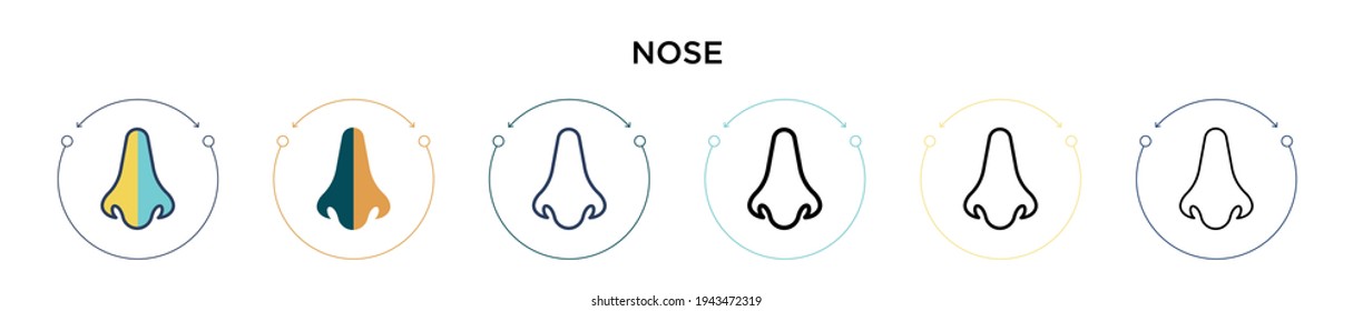 Nose icon in filled, thin line, outline and stroke style. Vector illustration of two colored and black nose vector icons designs can be used for mobile, ui, web