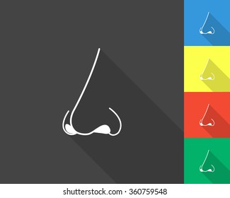 nose icon - gray and colored (blue, yellow, red, green) vector illustration with long shadow