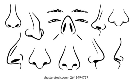 Nose icon line vector set, human face organ collection. Anatomy body part in different form. Monochrome contour allergic sick nasal concept linear pictograms.