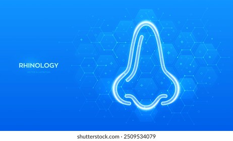 Nose icon. Rhinology. Rhinoplasty surgery. Plastic surgery. Runny nose treatment. Rhinitis, nasal infection, allergy. Molecular structure. Blue medical background with hexagons. Vector illustration.