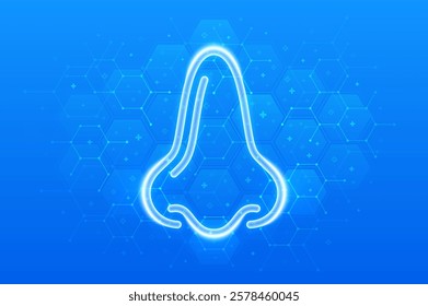 Nose icon. Rhinology. Rhinoplasty surgery. Plastic surgery. Runny nose treatment. Rhinitis, nasal infection, allergy. Molecular structure. Blue medical background with hexagons. Vector illustration.