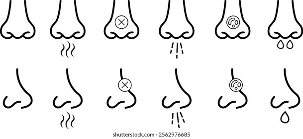 Nose icon set related with nasal. Contains monochrome line vector collection like nasal, smell, organ, breathe, sneeze, sniff and more. Simple outline sign isolated on transparent background.