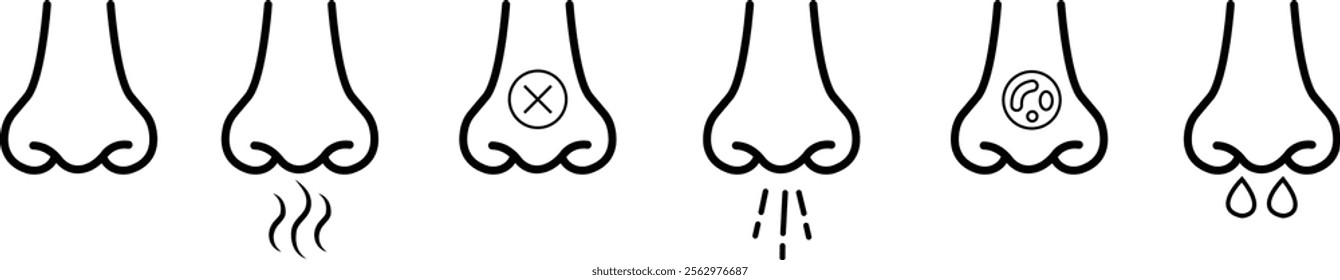 Nose icon set related with nasal. Contains monochrome line vector collection like nasal, smell, organ, breathe, sneeze, sniff and more. Simple outline sign isolated on transparent background.