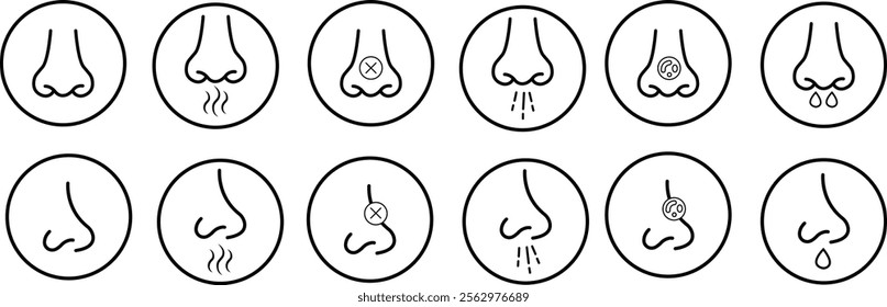 Nose icon set related with nasal. Contains monochrome line vector collection like nasal, smell, organ, breathe, sneeze, sniff and more. Simple outline sign isolated on transparent background.