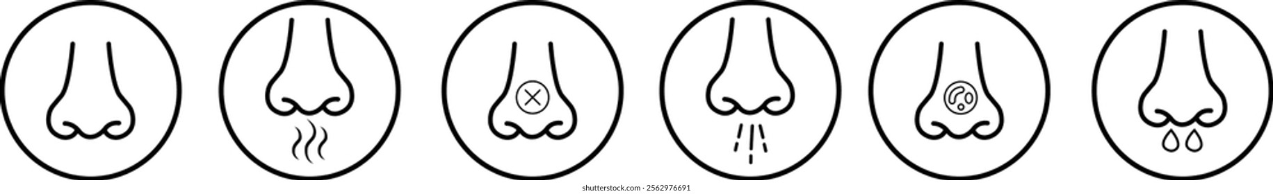 Nose icon set related with nasal. Contains monochrome line vector collection like nasal, smell, organ, breathe, sneeze, sniff and more. Simple outline sign isolated on transparent background.