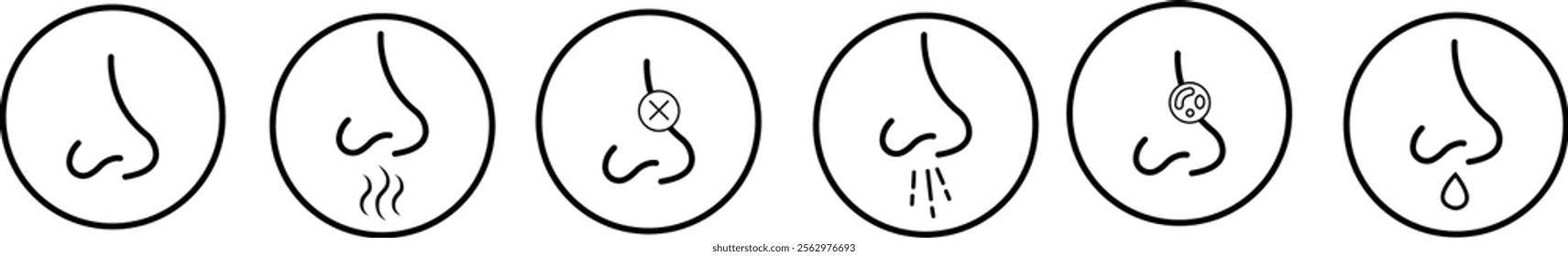 Nose icon set related with nasal. Contains monochrome line vector collection like nasal, smell, organ, breathe, sneeze, sniff and more. Simple outline sign isolated on transparent background.