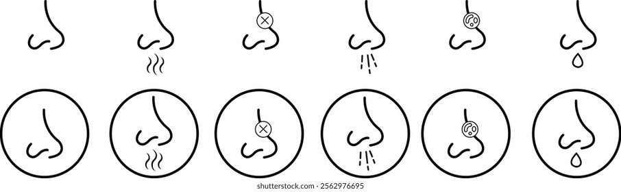 Nose icon set related with nasal. Contains monochrome line vector collection like nasal, smell, organ, breathe, sneeze, sniff and more. Simple outline sign isolated on transparent background.