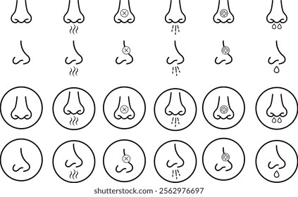 Nose icon set related with nasal. Contains monochrome line vector collection like nasal, smell, organ, breathe, sneeze, sniff and more. Simple outline sign isolated on transparent background.