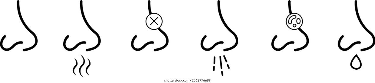 Nose icon set related with nasal. Contains monochrome line vector collection like nasal, smell, organ, breathe, sneeze, sniff and more. Simple outline sign isolated on transparent background.