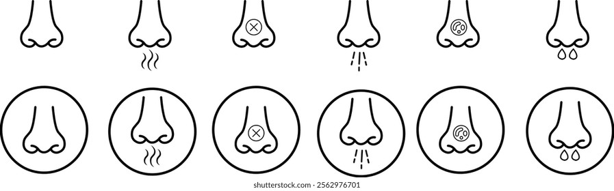 Nose icon set related with nasal. Contains monochrome line vector collection like nasal, smell, organ, breathe, sneeze, sniff and more. Simple outline sign isolated on transparent background.