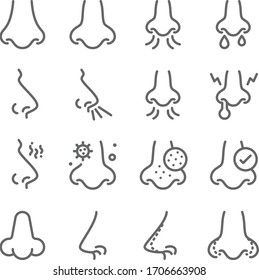 Nose icon set vector illustration. Contains such icon as Nose surgery, acne, sneeze, virus, allergy and more. Expanded Stroke