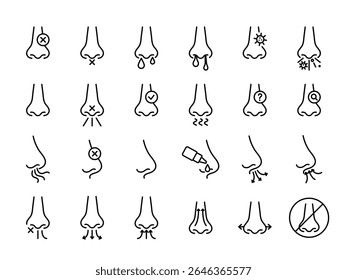 Ensemble d'icônes Nez. Congestion, écoulement nasal, infection, allergies, odeur, signes respiratoires, style linéaire, accident vasculaire cérébral modifiable