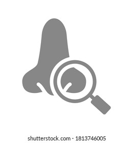 Nose with magnifying glass grey icon. Analyzes, disease prevention symbol