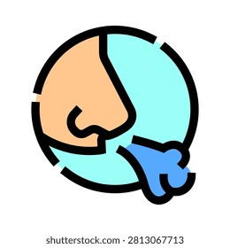 Nose and mouth expelling a blue cloud representing breath, air, or a sneeze, captured within a circle, illustrating concepts of respiration, health, and allergies