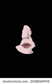The nose and mouth of a woman appear through an irregular opening in a black background in a surreal illustration.