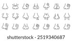 Nose and Nasal Conditions Icon Set. Thin Line Vector Symbols of Congestion, Sinusitis, Infection, Allergies, Polyps, Dryness, Runny Nose, Nasal Pain, Bad Smell, Nasal Infection and Respiratory Issue