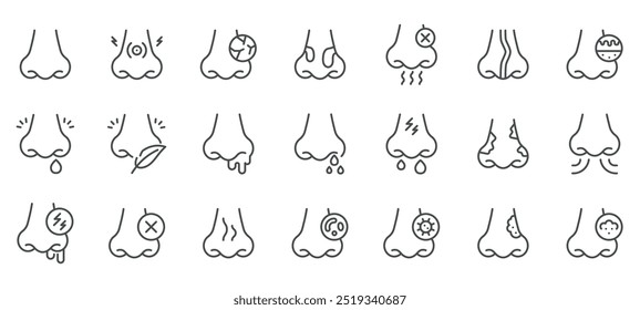 Nose and Nasal Conditions Icon Set. Thin Line Vector Symbols of Congestion, Sinusitis, Infection, Allergies, Polyps, Dryness, Runny Nose, Nasal Pain, Bad Smell, Nasal Infection and Respiratory Issue