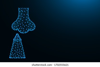 Nose and nasal spray made from points and lines on dark blue background, rhinitis treatment wireframe mesh polygonal vector illustration