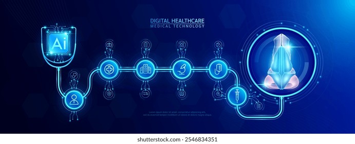 Órgano de la nariz humano y chip de IA médico en estetoscopio con icono cruz, jeringa, hospital, médico. La Tecnología de la revisión digital de la atención médica es moderna. Vector de Anuncio de fondo azul oscuro.