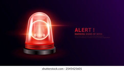 Nose organ human inside red siren light. Danger signs of Allergic rhinitis, Hypersensitivity and Sinusitis disease. Warning flasher alert emergency. Medical distress signal. Vector EPS 10.