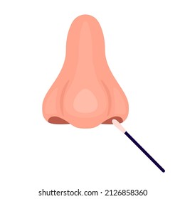 Nose pcr swab test for control virus covid 19. Nasal probe for fast analysis on check presence covid. Nose and medical stick. Vector illustration