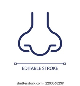 Nose pixel perfect linear ui icon. Sensory and respiratory system. Facial part of human body. GUI, UX design. Outline isolated user interface element for app and web. Editable stroke. Arial font used