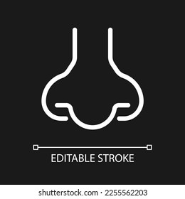 Nose pixel perfect white linear ui icon for dark theme. Sensory and respiratory system. Vector line pictogram. Isolated user interface symbol for night mode. Editable stroke. Arial font used