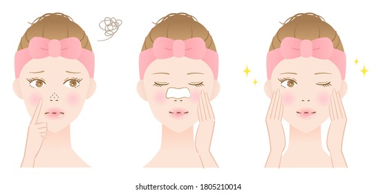 nose pore cleansing mask and young woman illustration. before after. Skin care concept