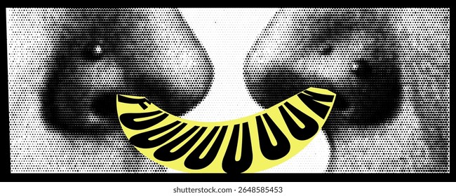 Nose rave party trip punk bunner yellow bg banner halftone star collage zine fun bold art with drawn man screaming at retro concert in pop rock style.
