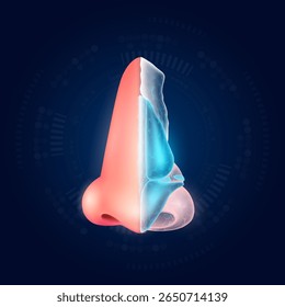 Modelo de forma realista de nariz com polígono translúcido em fundo azul escuro. Tecnologia de ciências médicas. Tratamento com conceito de órgãos protéticos. Vetor EPS10.
