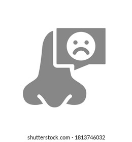 Nose with sad face in chat bubble grey icon. Diseased of nose symbol