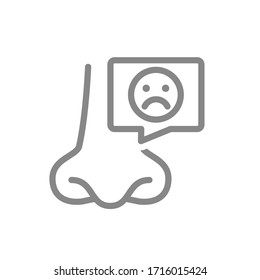 Nose with sad face in speech bubble line icon. Disease of nose, paranasal sinuses symbol