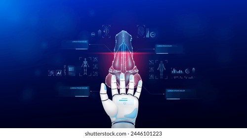 Nose scanning robot doctor diagnose disease on hand. Screen digital interface of system MRI scan of human body organ DNA analysis. Future health care innovation. Science medical technology. Vector.