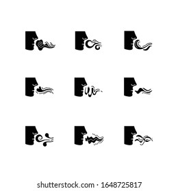 Nose smelling scent black glyph icons set on white space. Person sniffing good and bad odor. Stinking stench. Evaporation flow. Fume swirls. Silhouette symbols. Vector isolated illustration