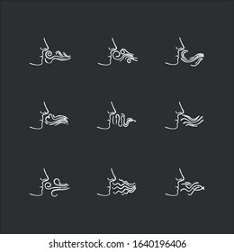 Nose smelling scent chalk white icons set on black background. Person sniffing good and bad odor. Stinking stench. Aromatic fragrance. Fume swirls. Isolated vector chalkboard illustrations