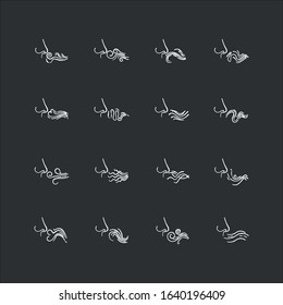Nose smelling scent chalk white icons set on black background. Good and bad odor. Stinking stench. Evaporation flow. Fluid, perfume nice odour. Fume swirls. Isolated vector chalkboard illustrations