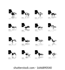 Nose smelling scent drop shadow black glyph icons set. Good and bad odor. Evaporation flow. Fluid, perfume nice odour. Aromatic fragrance. Fume swirls. Isolated vector illustrations on white space