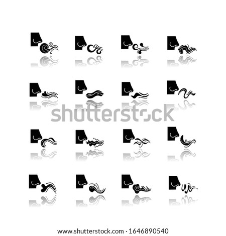 Nose smelling scent drop shadow black glyph icons set. Good and bad odor. Evaporation flow. Fluid, perfume nice odour. Aromatic fragrance. Fume swirls. Isolated vector illustrations on white space