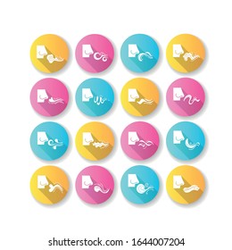 Nose smelling scent flat design long shadow glyph icons set. Good and bad odor. Evaporation flow. Fluid, perfume nice odour. Aromatic fragrance. Fume swirls. Silhouette RGB color illustration