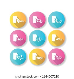 Nose smelling scent flat design long shadow glyph icons set. Person sniffing good and bad odor. Evaporation flow. Perfume odour. Aromatic fragrance. Fume swirls. Silhouette RGB color illustration