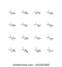 Nose smelling scent pixel perfect linear icons set. Good and bad odor. Aromatic fragrance. Fume swirls. Customizable thin line contour symbols. Isolated vector outline illustrations. Editable stroke