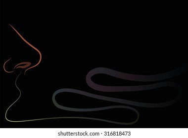 Nose that sniffs an odor trail in the air. Isolated outline vector illustration on black background.